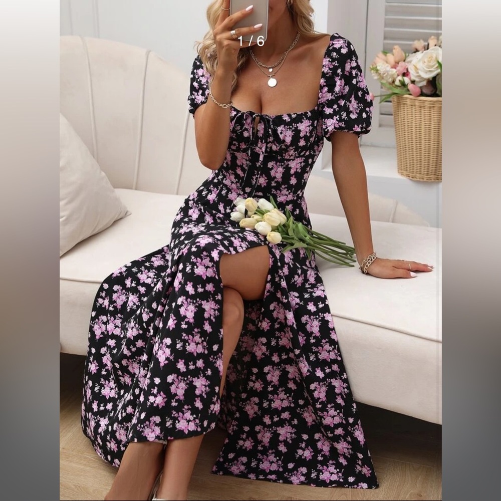 Black and pink flower sun dress